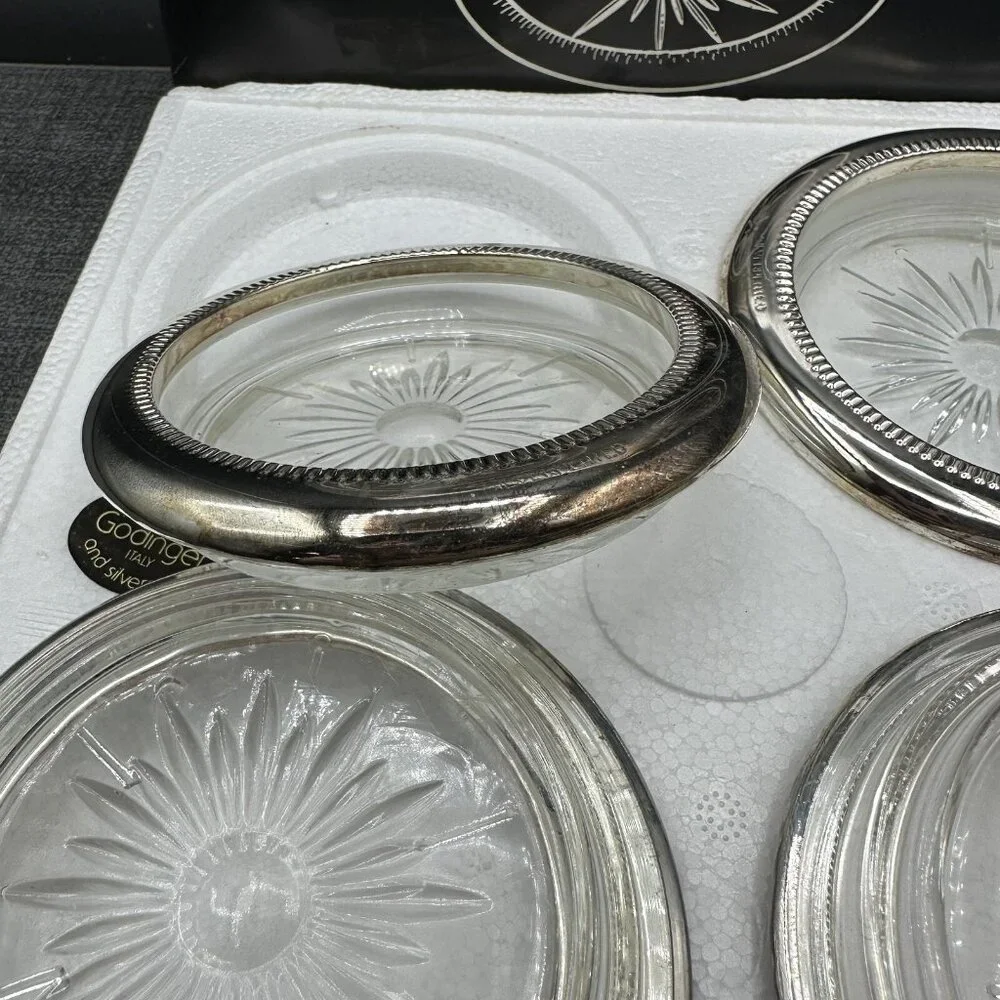 Vtg Godinger Silver Plated Crystal Coasters Starburst Pattern Italy NOS Boxed